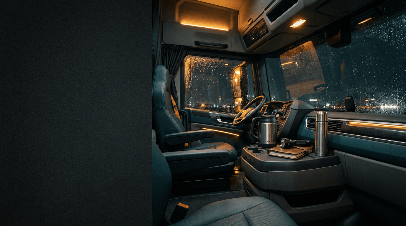 A well-kept semi-truck sleeper cab at night